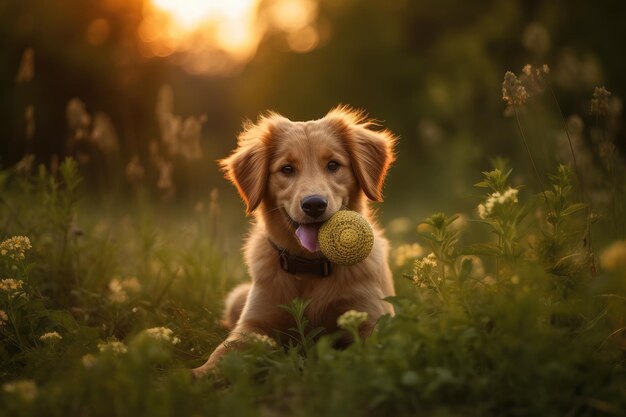 Chien doré jouant dans un champ de fleurs avec une IA générative de balle