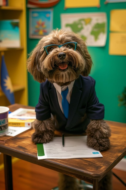 Un chien drôle assis dans le bureau.