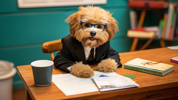 Un chien drôle assis dans le bureau.