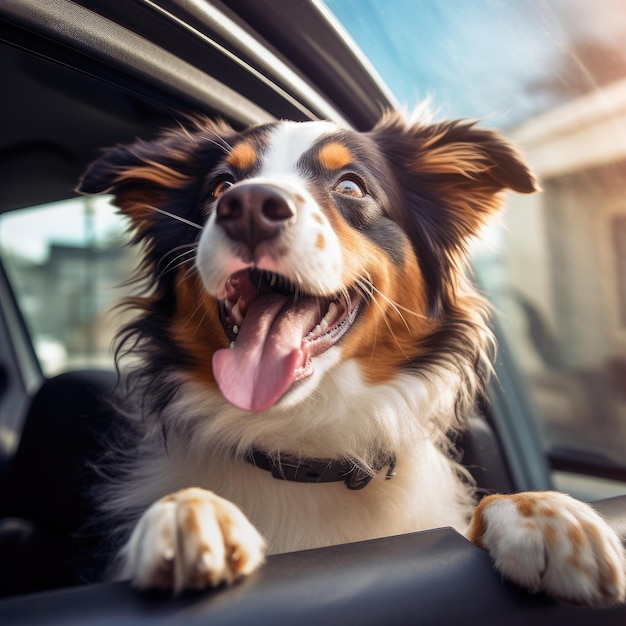 Un chien drôle et heureux qui regarde par la fenêtre de la voiture