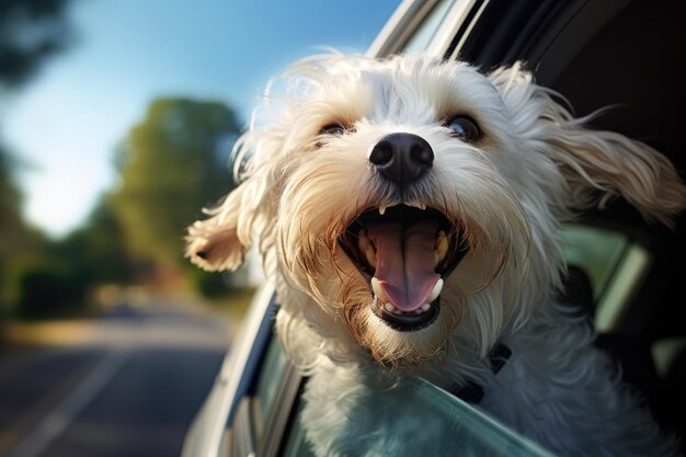 Un chien drôle et heureux qui regarde par la fenêtre de la voiture