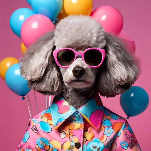 Un chien drôle avec des lunettes de soleil et des ballons colorés.