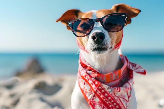 Un chien drôle avec des lunettes de soleil et un foulard brillant sur le fond de la côte de la mer vacances d'été