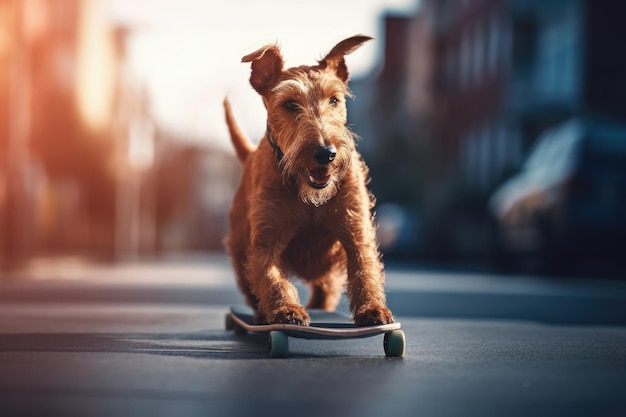 Chien drôle monte une planche à roulettes