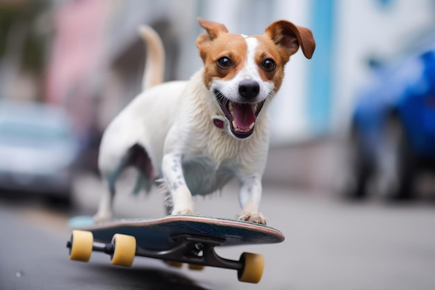 Chien drôle monte une planche à roulettes