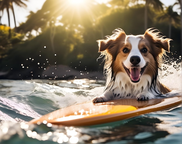 Un chien drôle sur une planche de surf en mer.