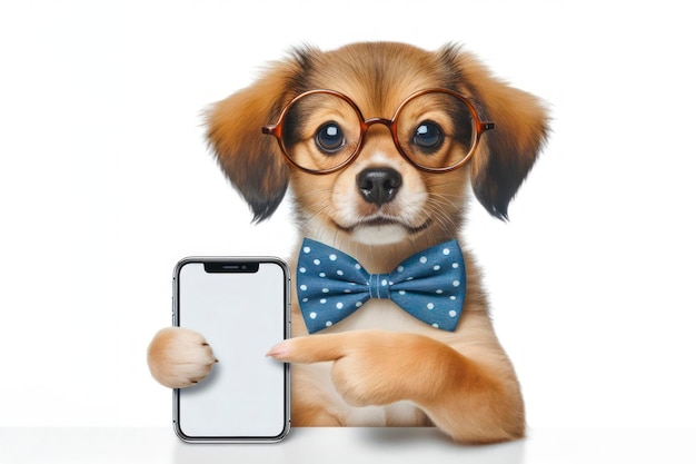 un chien drôle pointant sur un smartphone avec un écran blanc sur un fond blanc