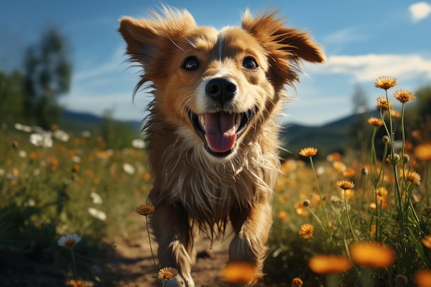 Un chien drôle souriant qui marche sur l'herbe verte