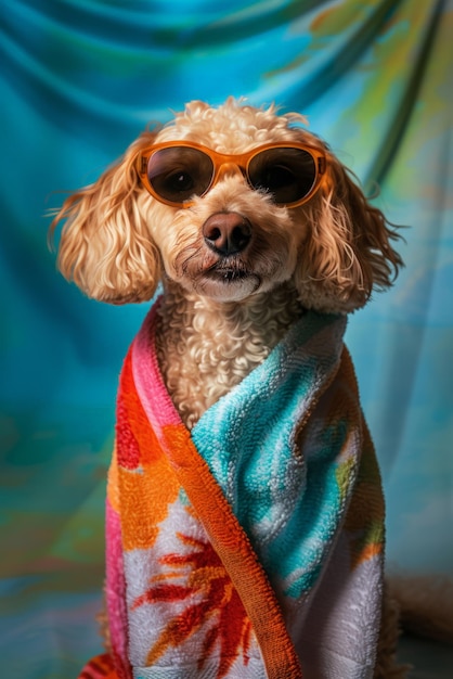 Chien drôle en vacances d'été à la plage avec une serviette autour de la tête sur un jour ensoleillé animal anthropomorphe
