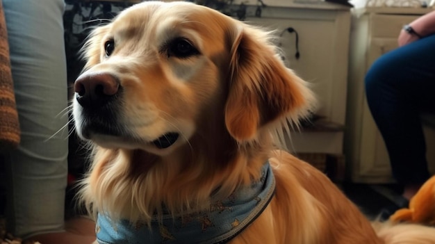 Un chien avec une écharpe bleue