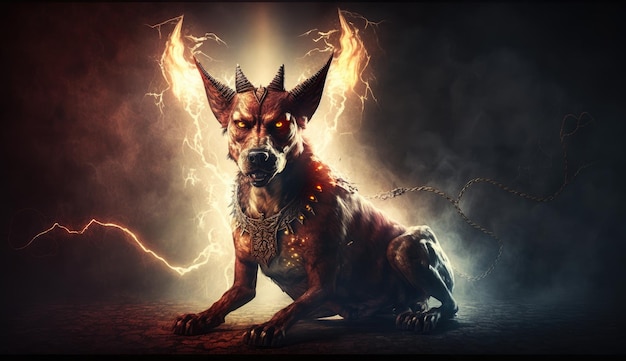 Un chien avec des éclairs sur la tête est assis devant un fond sombre.