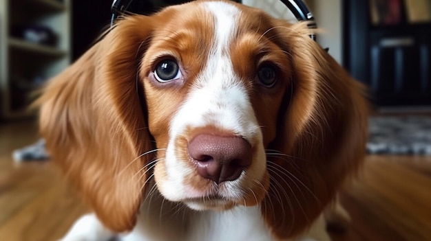 Un chien avec des écouteurs et un bandeau.