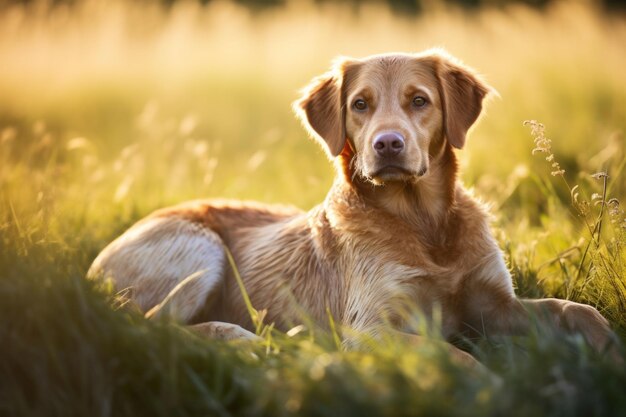 Chien enceinte se reposant dans un pré ensoleillé