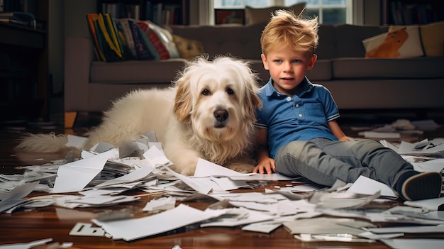Un chien et un enfant détruisant des papiers et faisant des bêtises au milieu d'une pièce
