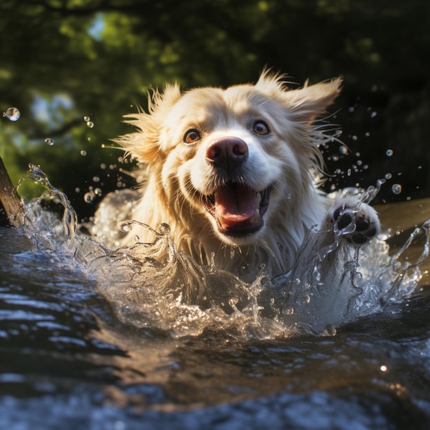 Un chien enjoué éclaboussant dans un ruisseau