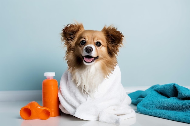 Un chien enveloppé dans une serviette est assis devant une bouteille de shampoing orange