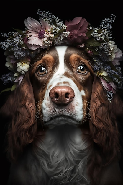 Chien épagneul avec une couronne de fleurs sur la tête sur fond noir