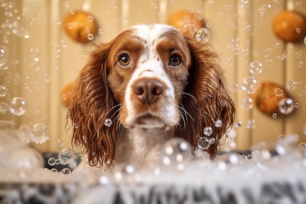 Photo chien épagneul prenant un bain avec de la mousse et des bulles générées ai