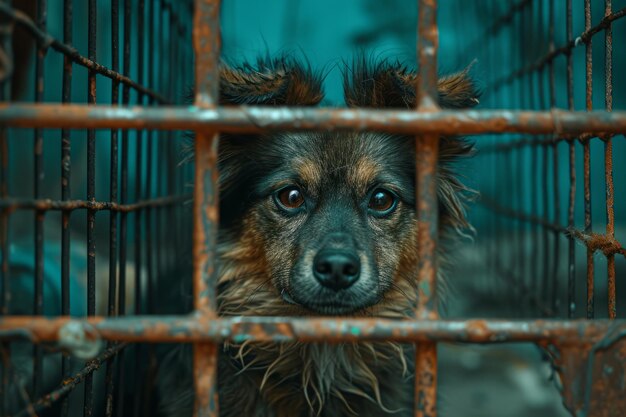 Photo chien errant dans une cage d'abri chien sans abri derrière une vieille grille rouillée dans un abri pour animaux sans abri