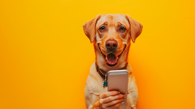 Photo un chien errant tenant un téléphone portable avec ses pattes sur un fond jaune plat simulant une photo de studio