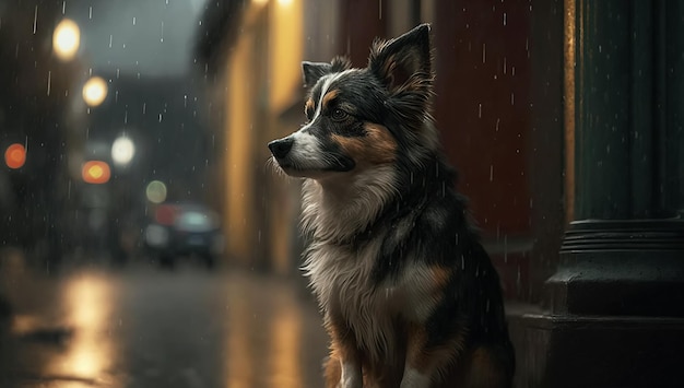 Chien errant triste et solitaire dans la rue la nuit sous la pluie AI générative