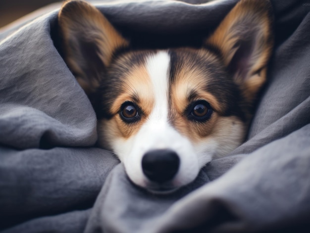 Chien espiègle, jetant un coup d'oeil hors d'un fort de couverture douillette