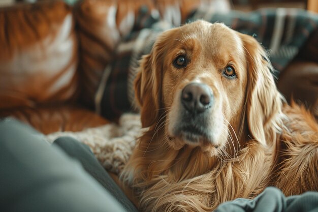 un chien est allongé sur un canapé avec une veste en cuir sur le dos