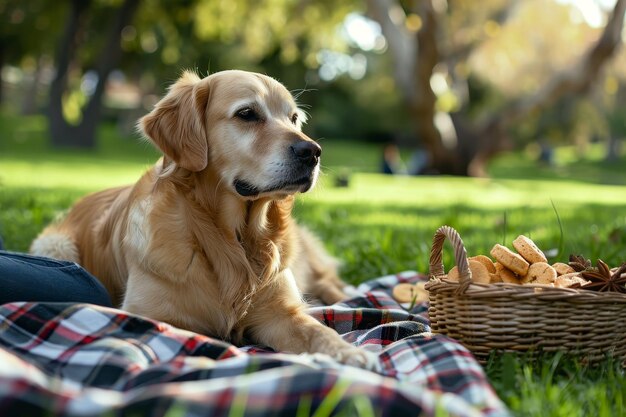 Un chien est allongé sur une couverture dans un parc en regardant la caméra