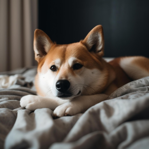 Un chien est allongé sur un lit avec ses pattes croisées.