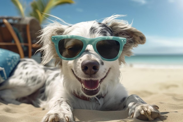 un chien est allongé sur la plage avec des lunettes de soleil.