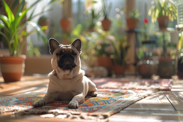 un chien est allongé sur un tapis devant des plantes et des plantes