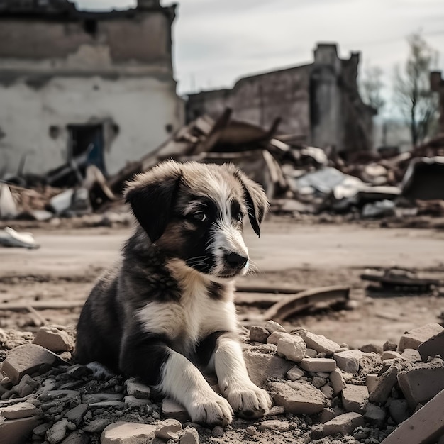 Un chien est allongé sur un tas de gravats et le mot chien est sur le mur.