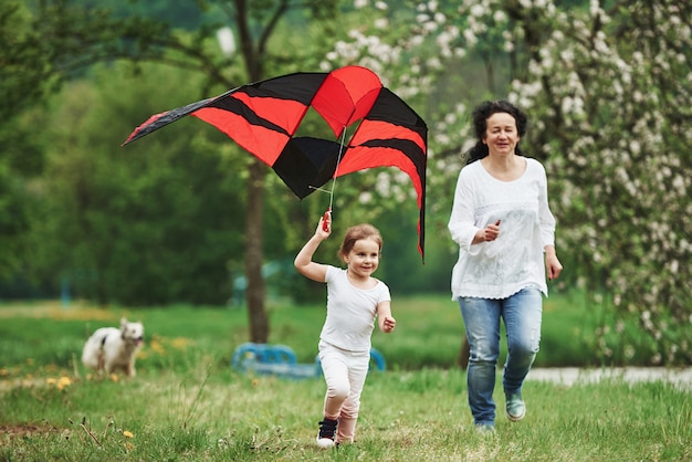 Le Chien Est à L'arrière-plan. Enfant De Sexe Féminin Positif Et Grand-mère En Cours D'exécution Avec Cerf-volant De Couleur Rouge Et Noir Dans Les Mains à L'extérieur