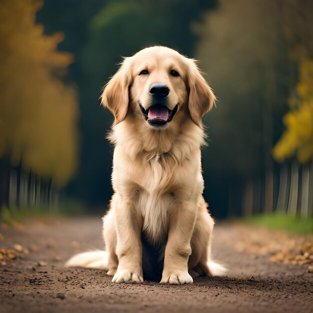 Un chien est assis sur un chemin de terre avec le mot doré dessus.