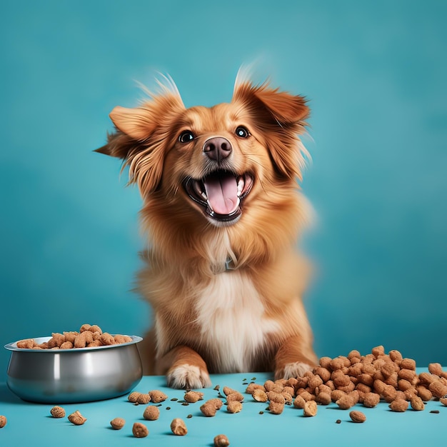 un chien est assis à côté d'un bol de nourriture pour chien.