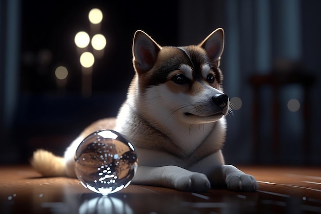 Un chien est assis à côté d'une boule de verre avec le mot chien dessus.