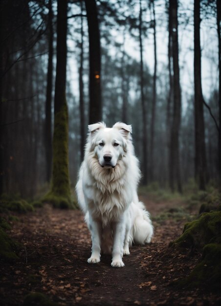 un chien est assis dans les bois avec une forêt en arrière-plan