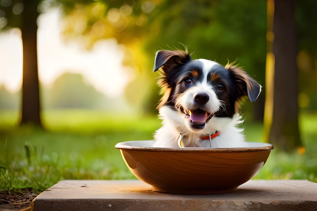 Un chien est assis dans un bol avec le mot chien dessus