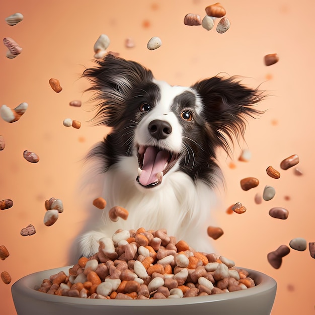 un chien est assis dans un bol de nourriture pour chien.