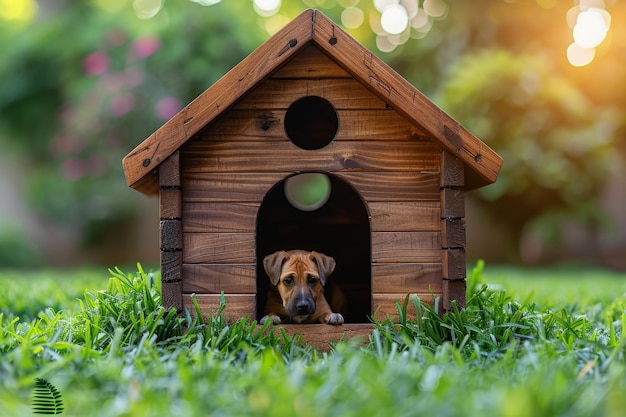 Photo un chien est assis dans une cabane en bois.