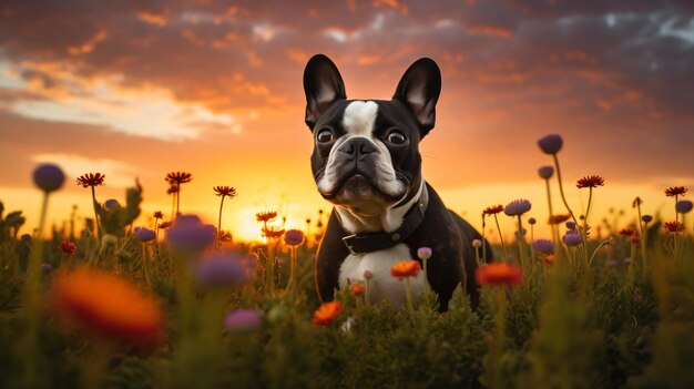 Un chien est assis dans un champ de fleurs jaunes et roses