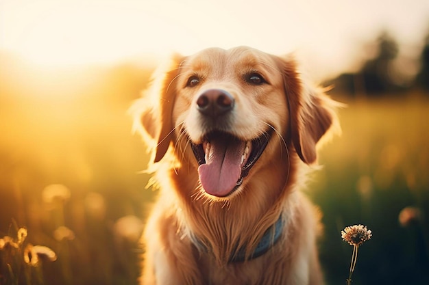 un chien est assis dans un champ d'herbe haute