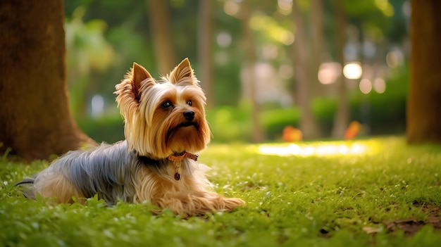 un chien est assis dans l'herbe au soleil.