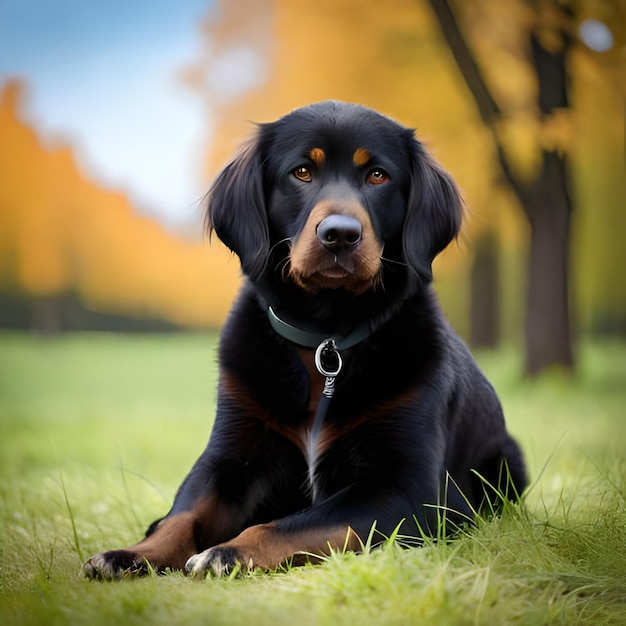 Un chien est assis dans l'herbe et a un collier qui dit rottweiler.