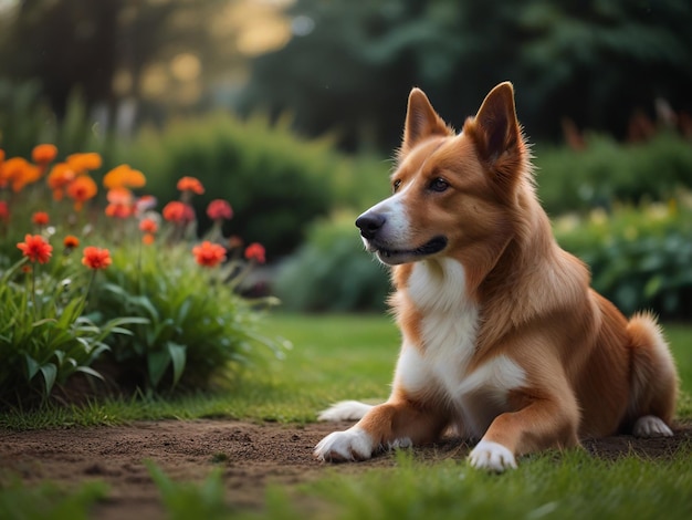 Photo un chien est assis dans l'herbe avec des fleurs en arrière-plan