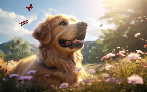 un chien est assis dans l'herbe avec des fleurs et les mots le mot papillon dessus