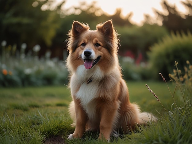 Photo un chien est assis dans l'herbe avec le soleil derrière lui