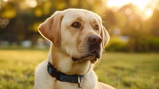 Photo un chien est assis dans l'herbe avec le soleil derrière lui