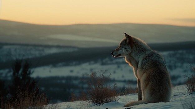 Un chien est assis dans la neige devant un paysage enneigé.