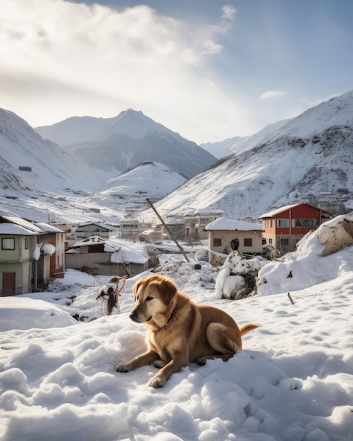 un chien est assis dans la neige avec des montagnes en arrière-plan